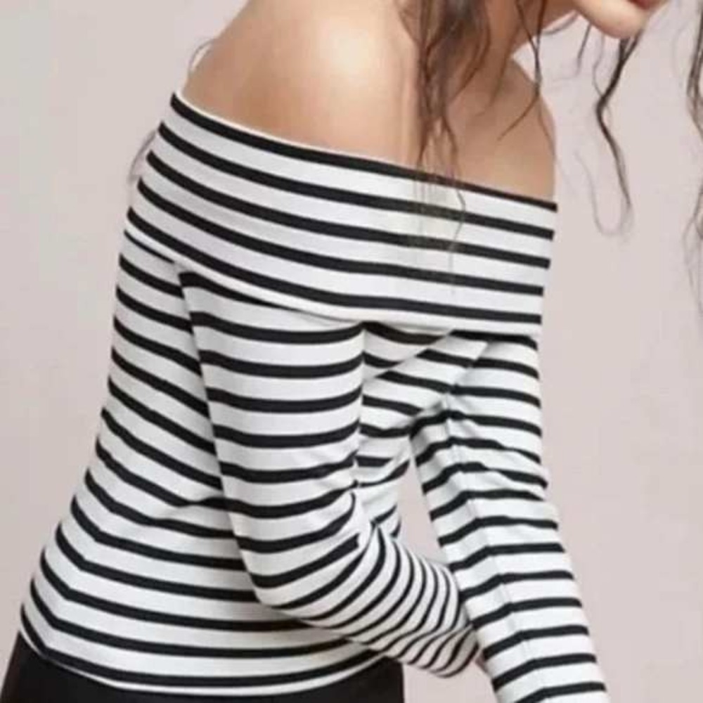 Anthropologie Off Shoulder Top XS White Black‎ Striped Coastal Nautical Parisian